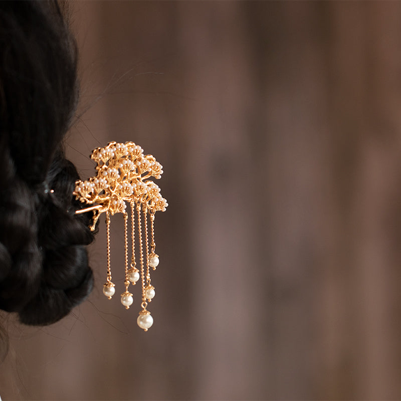 Double-Sided Pine Branch Metal Tassel Pearl Hairpin