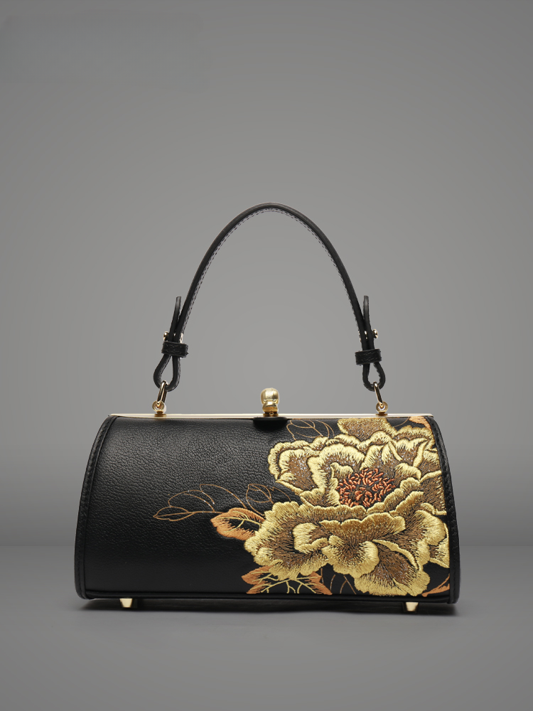 Elegant Peony Ode Embroidered Genuine Leather Handbag