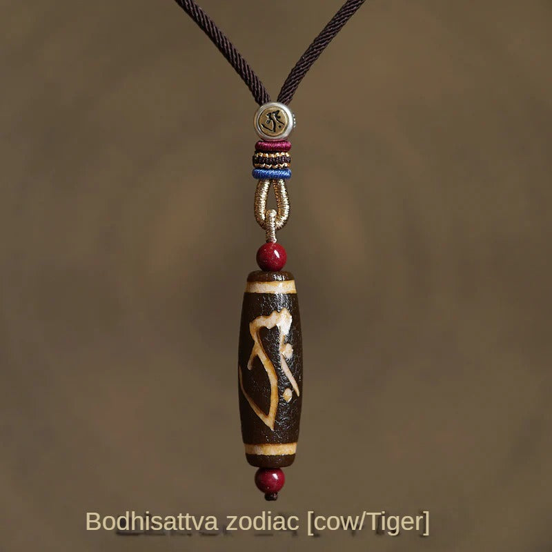 Zodiac Buddha Cinnabar Dzi Bead Pendant Necklace