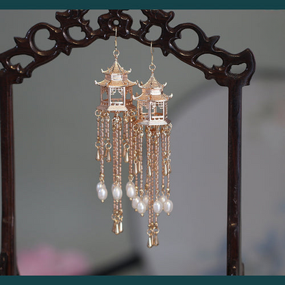 Pavilion Pearl Tassel Copper Earrings