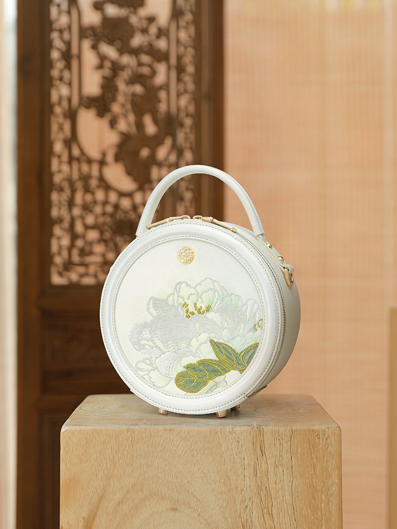 Elegant Water Lily Flower Embroidered Genuine Leather Round Handbag