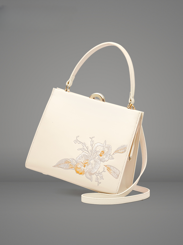 Elegant Butterfly Orchid Embroidered Leather Handbag
