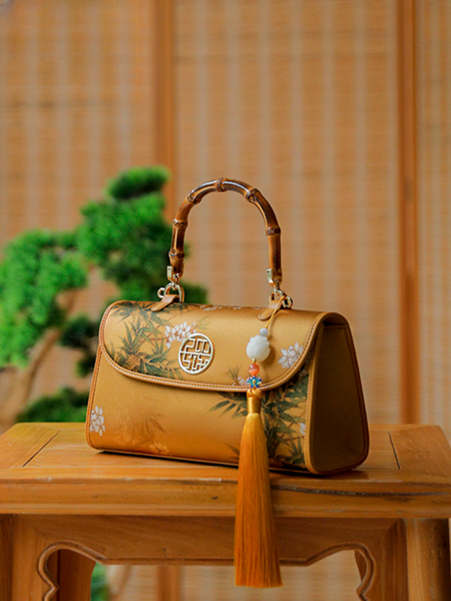Bamboo Shadow Printed Leather Bamboo Handle Handbag