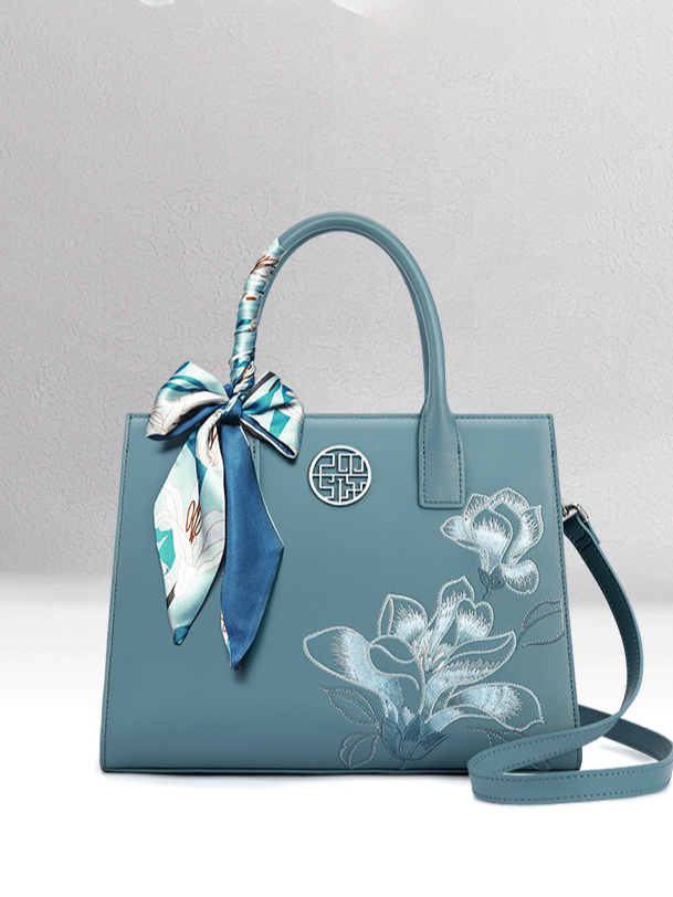 Elegant Jade Orchid Embroidered Genuine Leather Handbag