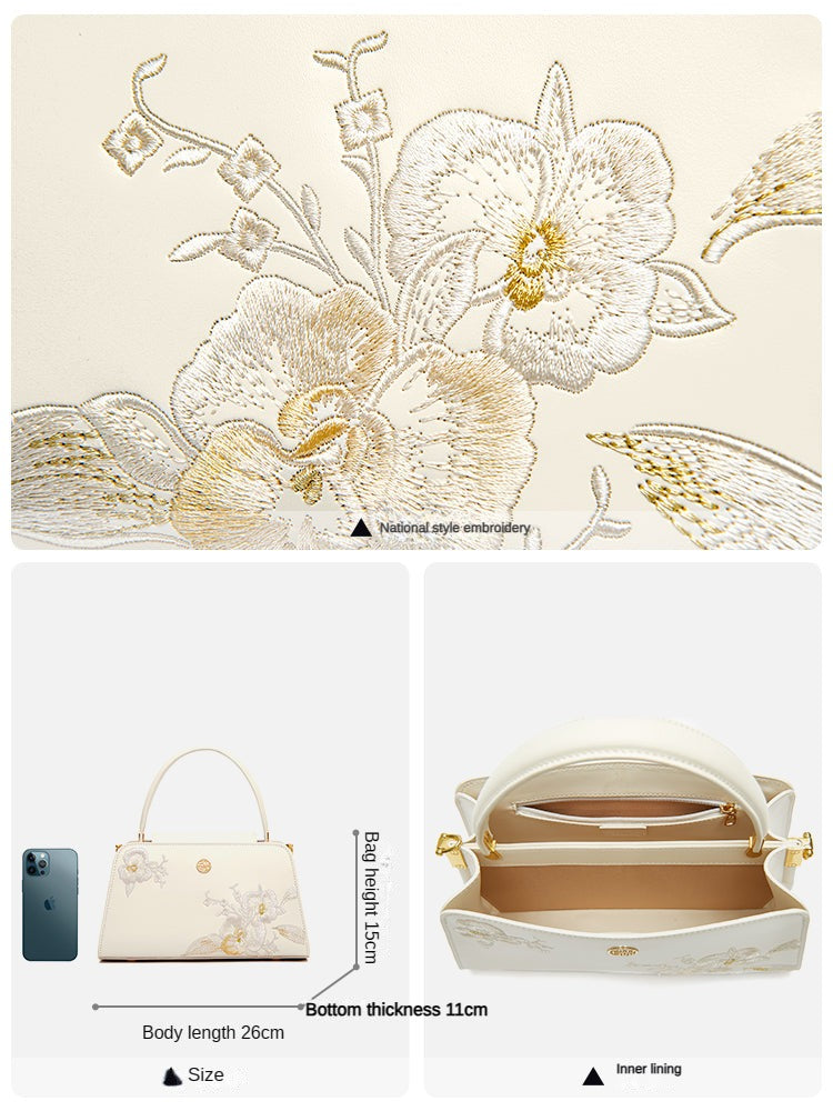 Elegant Butterfly Orchid Embroidered Leather Shoulder Bag