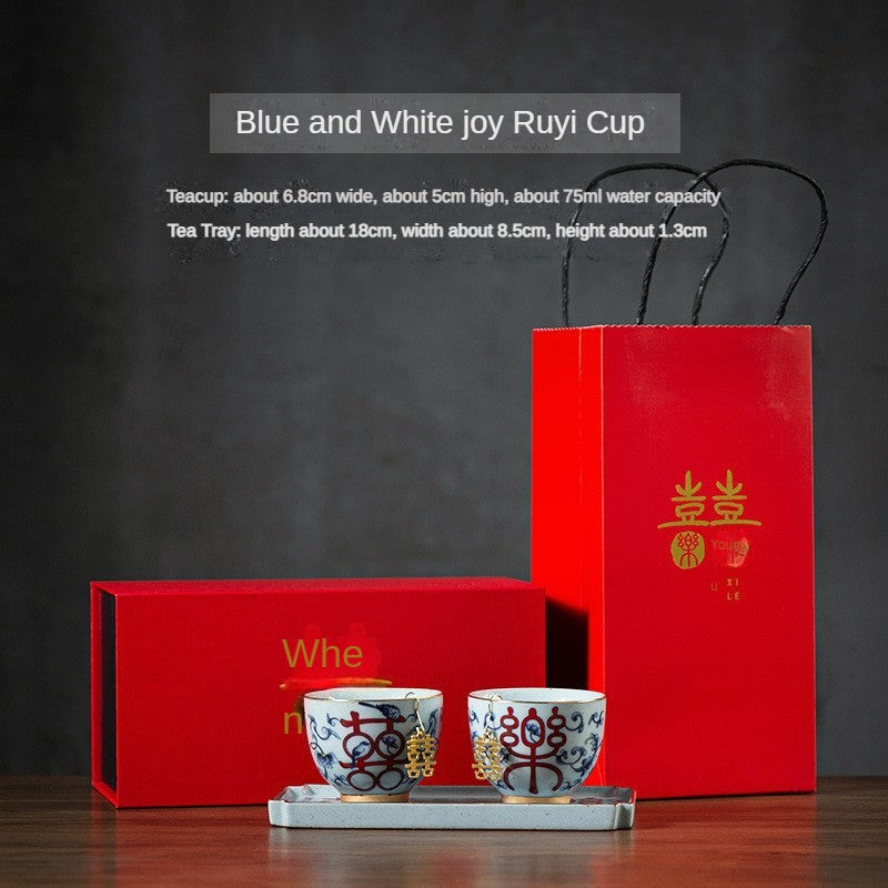 Blue and White Happy Ruyi Couple Cups