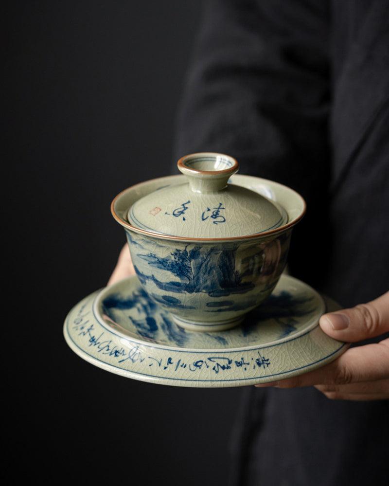 Handpainted Landscape Blue And White Porcelain Gaiwan Tea Set - gloriouscollection