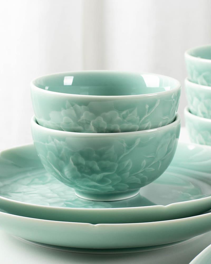 Handmade Vintage Peony Celadon Porcelain Bowl - gloriouscollection