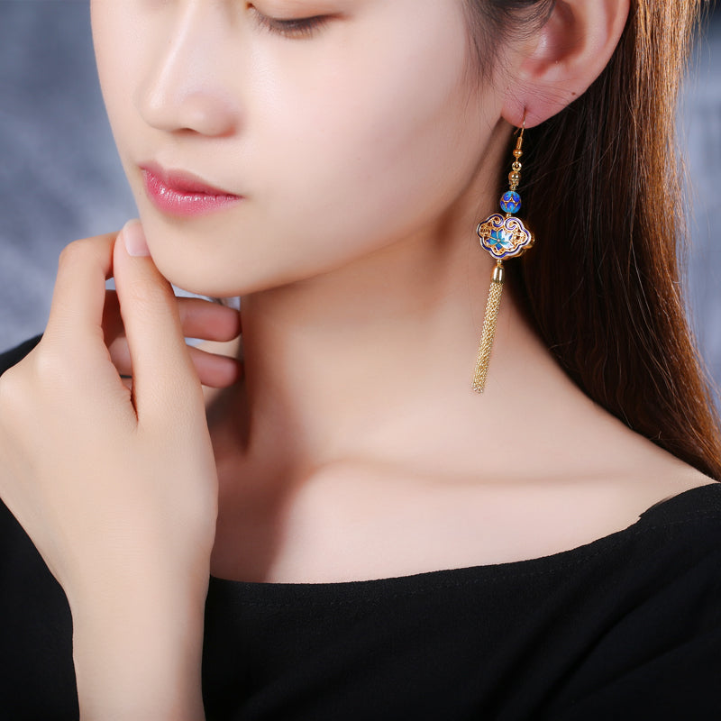 Vintage Tassel Cloisonné Gold Earrings