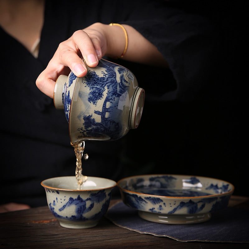 Chinese Style Blue and White Old Clay Retro Gaiwan