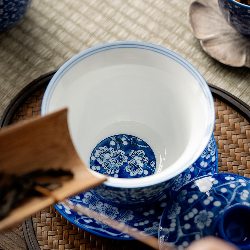 Handmade Dehua Ice Plum Blue and White Porcelain Gaiwan