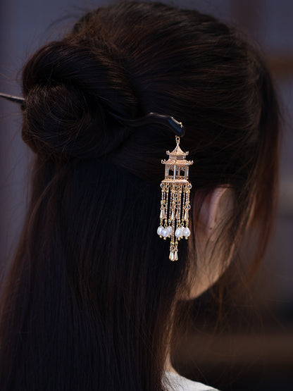 Exquisite Pavilion Metal Pearl Tassel Ebony Wood Hairpin