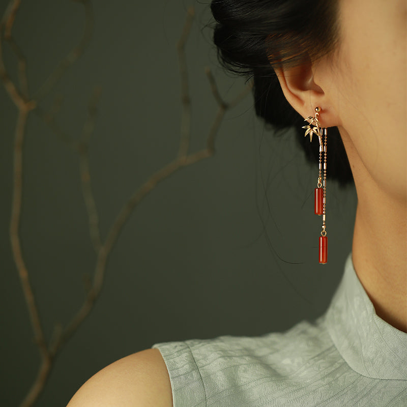 Red Agate Bamboo Tassel Long Earrings