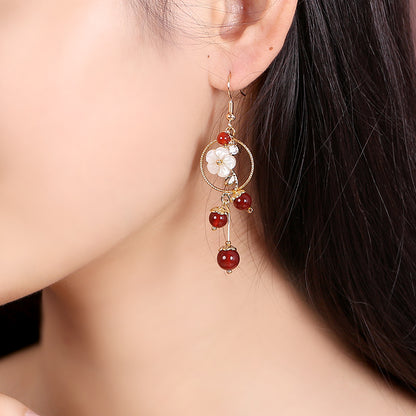 Elegant Red Agate Shell Flower Geometric Gold Earrings