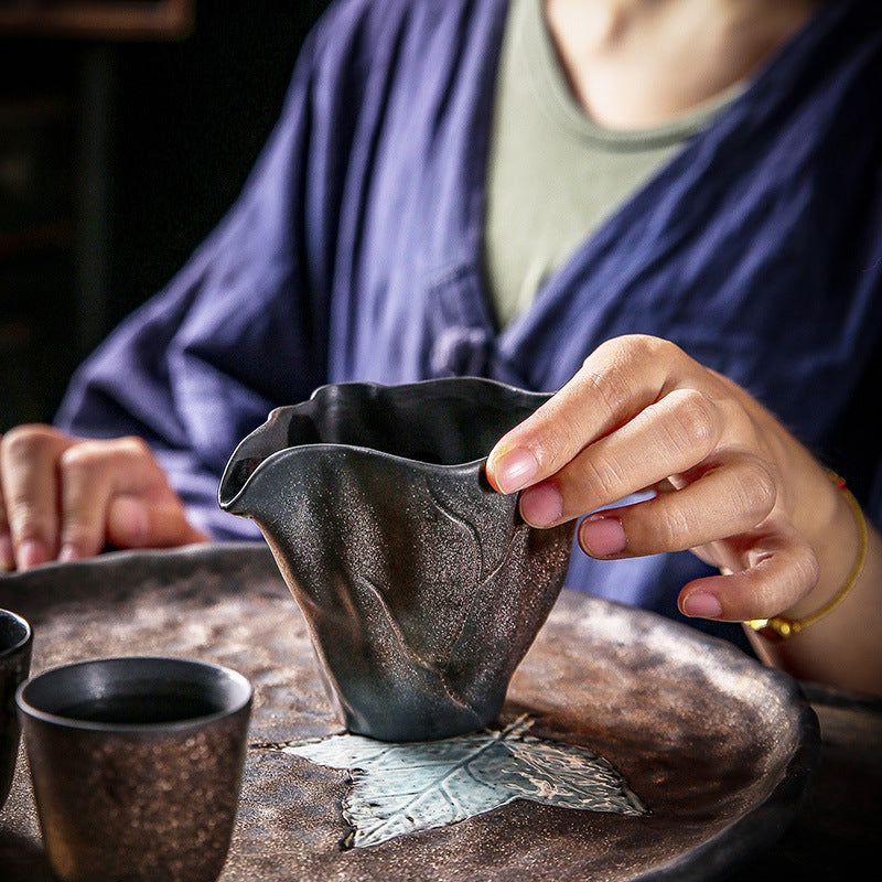 Ceramic Lotus Leaf Pitcher Japanese Style Gilding Iron Glaze Larg Pitcher Fair Cup Tea Pot Antique Kung Fu Tea Set