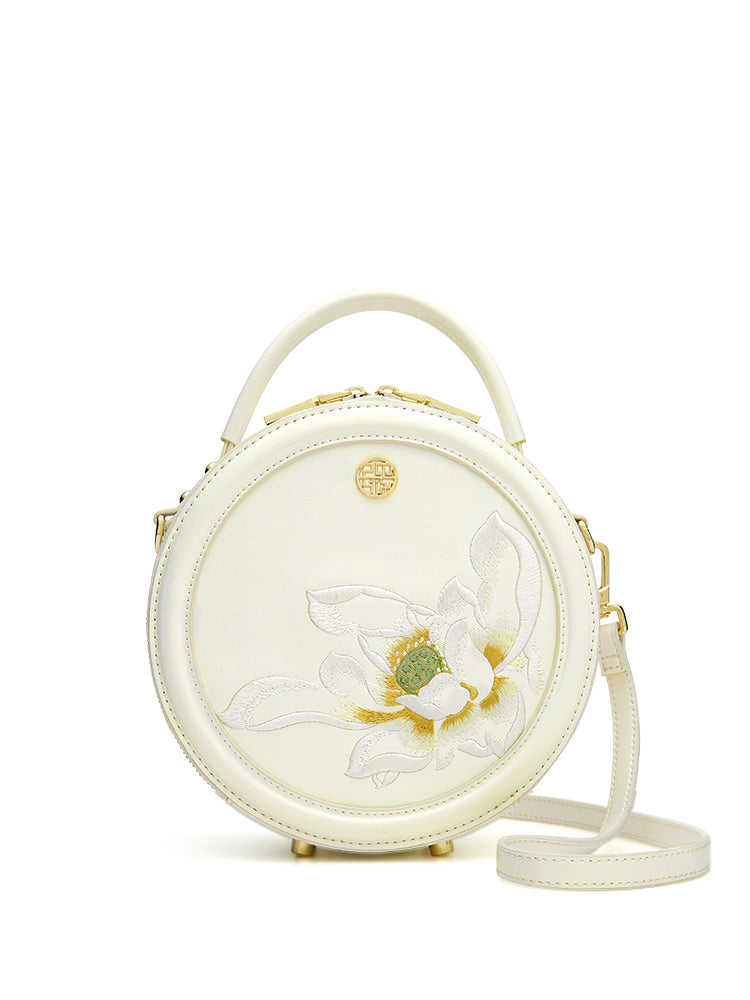 Elegant Lotus Ode Embroidered Genuine Leather Round Shoulder Bag