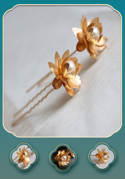 Lotus Flower Pearl Small Metal Hairpin
