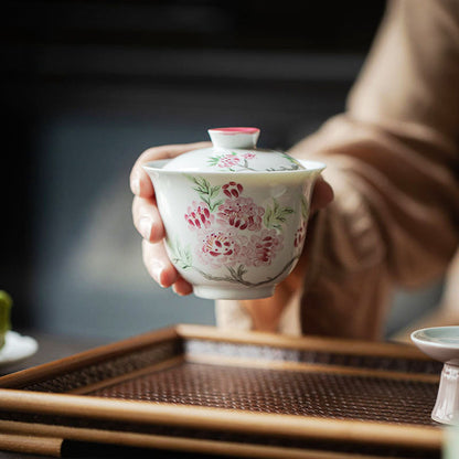 Dehua Sweet White Begonia Hand Painted Ceramic Gaiwan