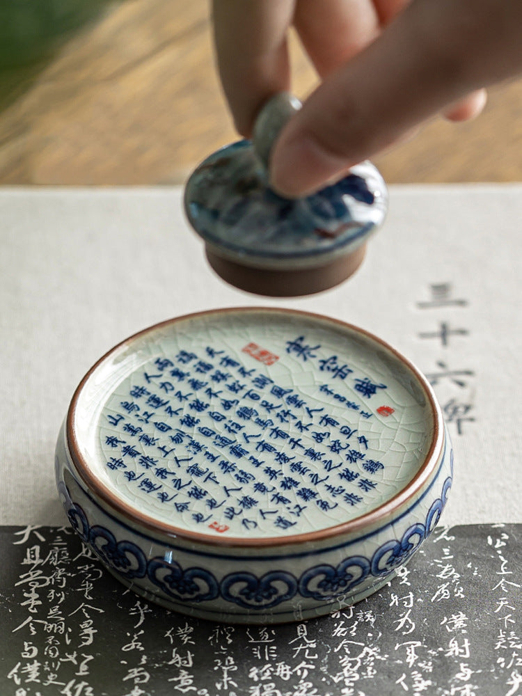 Retro Blue and White Calligraphy Tea Pot Cover