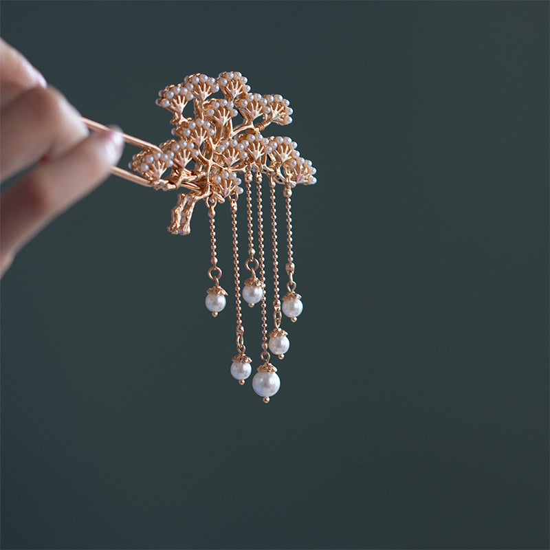 Double-Sided Pine Branch Metal Tassel Pearl Hairpin