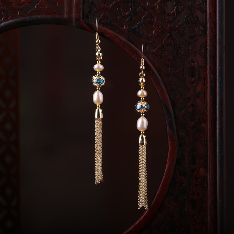 Chinese Style Pearl Long Fringe Earrings