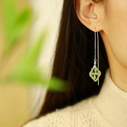 Hetian Jade Auspicious Cloud Sterling Silver Ear Thread Earrings