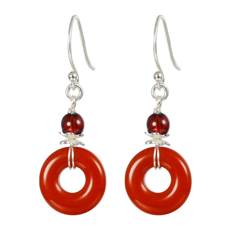 Elegant Hollow Red Agate 925 Sterling Silver Earrings