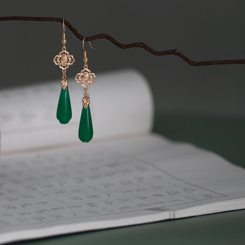 Gold Plated Green Agate Water Drop Earrings