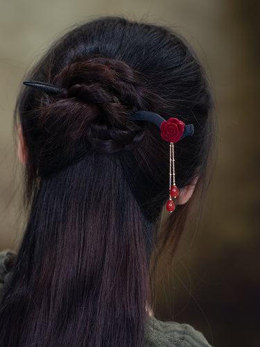 Rose Flower Red Tassel Agate Wooden Hairpin