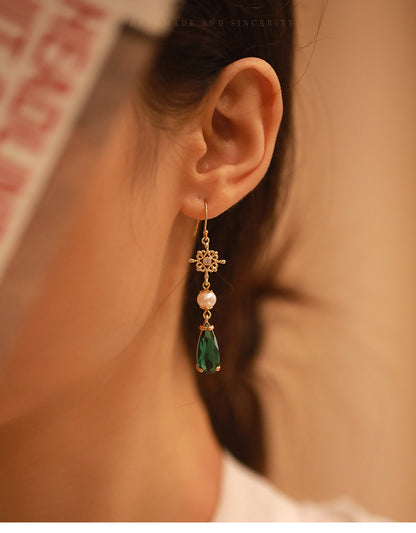 Elegant Long Green Ear Studs Pearl Earrings