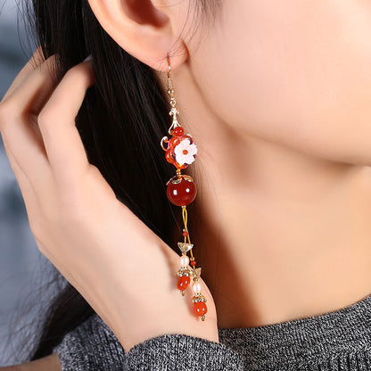 Ethnic Ancient Style Red Eardrops Silver Clip Earrings