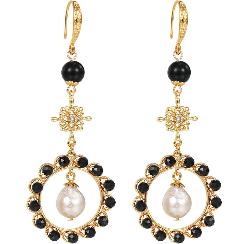 Retro Royal Pearl Black Spinel 14K Gold Earrings