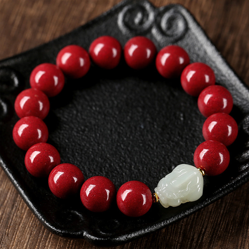 Natural Hetian Jade Cinnabar Money Drawing Pi Xiu Bracelet