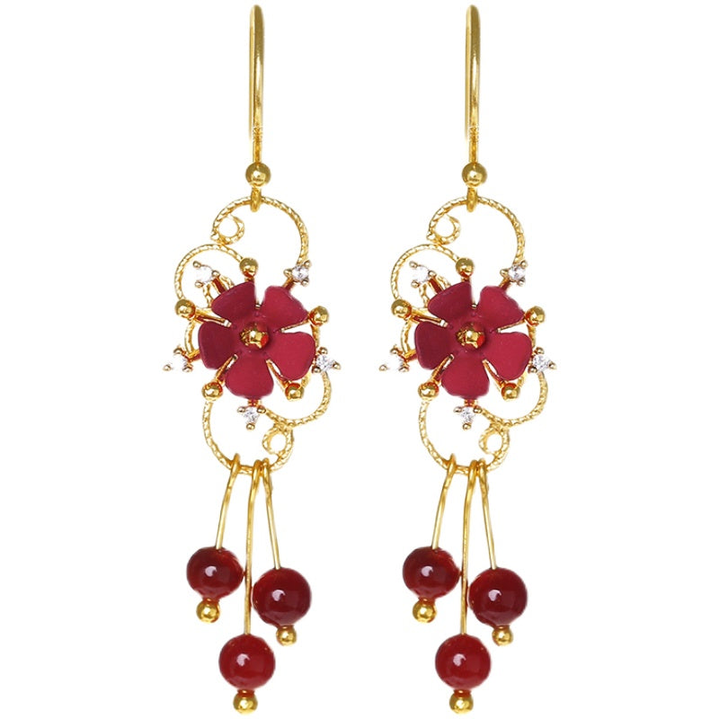 Elegant Ancient Style Flower Red Agate Earrings