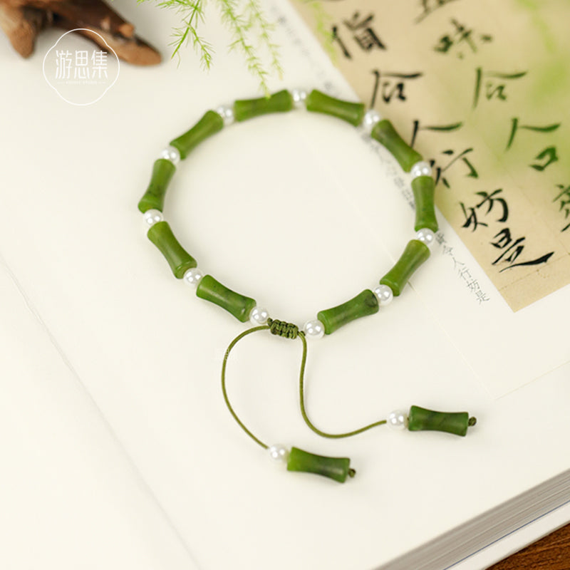 Vintage Charm Olive Jade Bamboo Bracelet