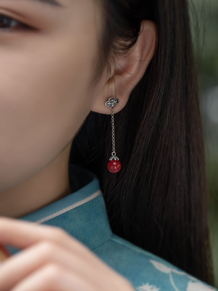 Sterling Silver Auspicious Clouds Cinnabar Good Luck Earrings