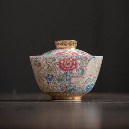 Handmade Cloisonne Silver Three Cai Gaiwan