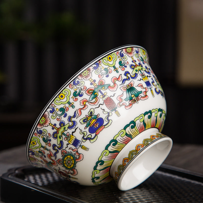 Auspicious Eight Treasures High Foot Anti-Scald Jingdezhen Ceramic Bowl