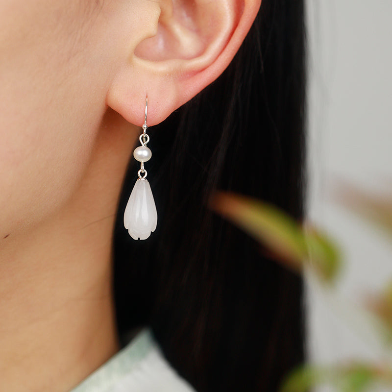 Magnolia White Jade Sterling Silver Pearl Earrings
