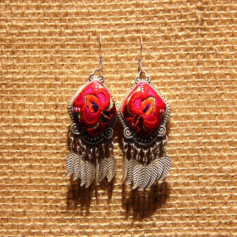 Retro Ethnic Style Handmade Embroidery Square Tassel Earrings