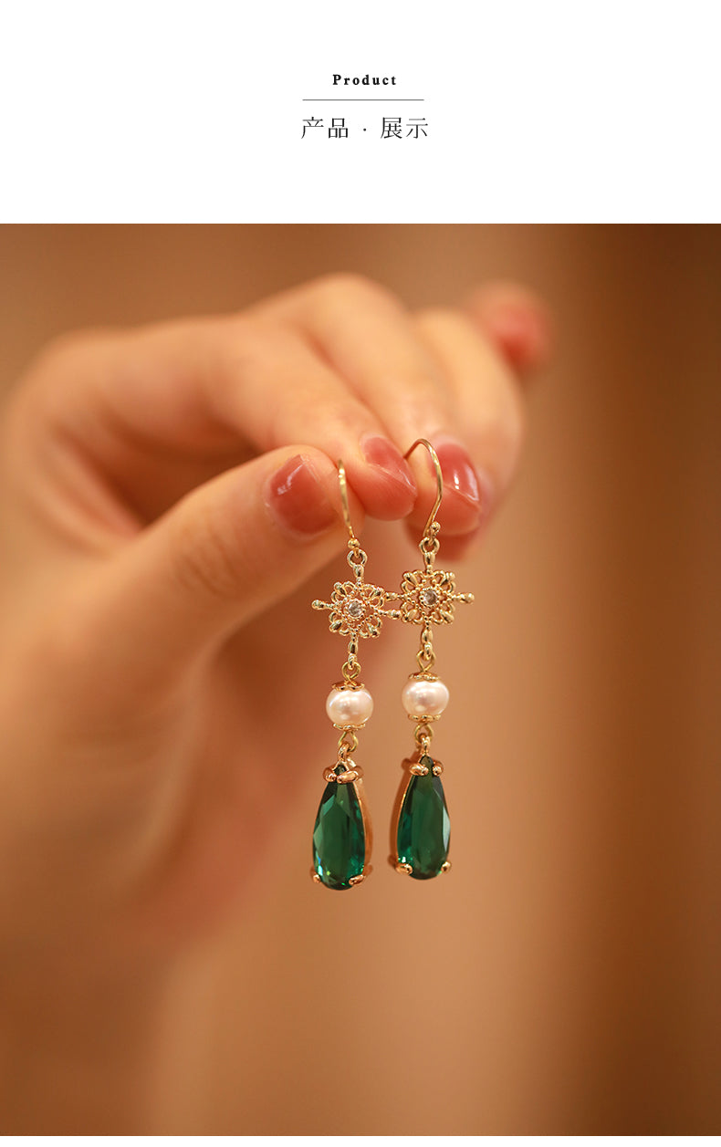 Elegant Long Green Ear Studs Pearl Earrings