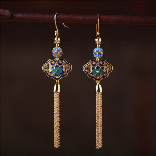 Vintage Tassel Cloisonné Gold Earrings