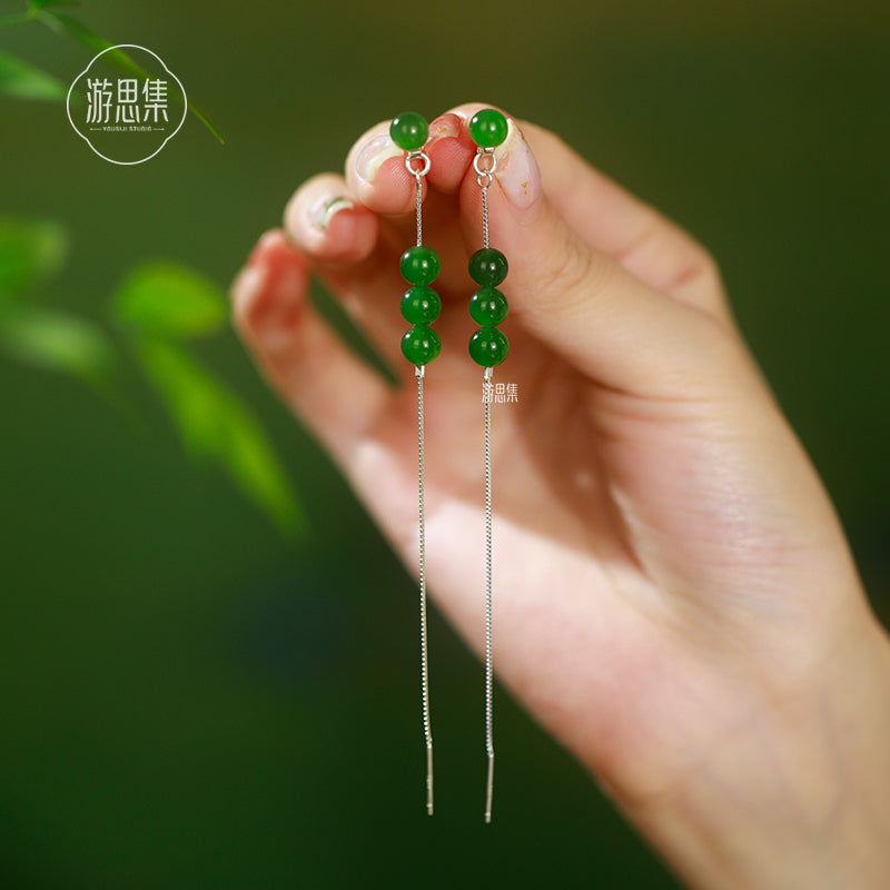 New Chinese Style Hetian Jade Green Tassel Earrings