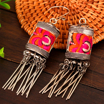 Miaozu Embroidery Prayer Wheel Flower-Drum Sterling Silver Earrings