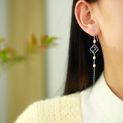 Elegant 925 Silver Hollow Pearl Long Earrings