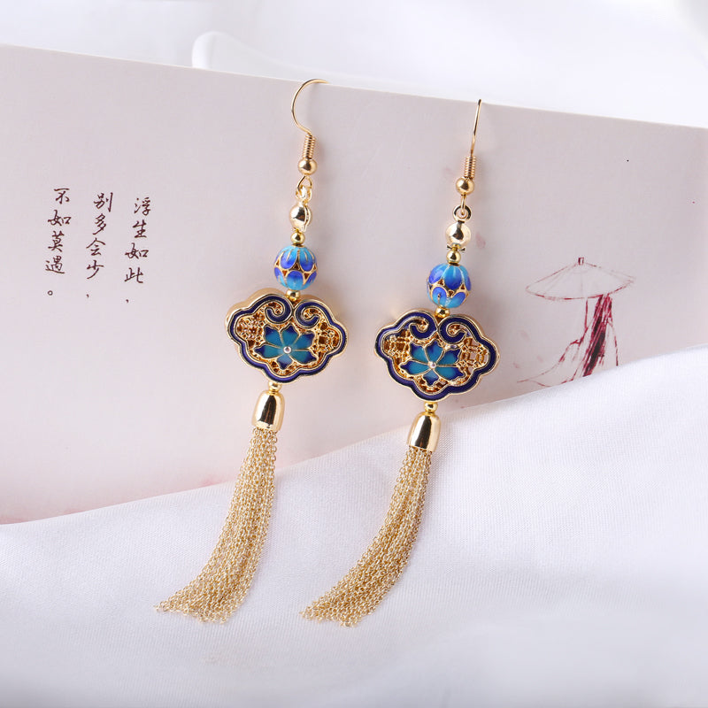 Vintage Tassel Cloisonné Gold Earrings