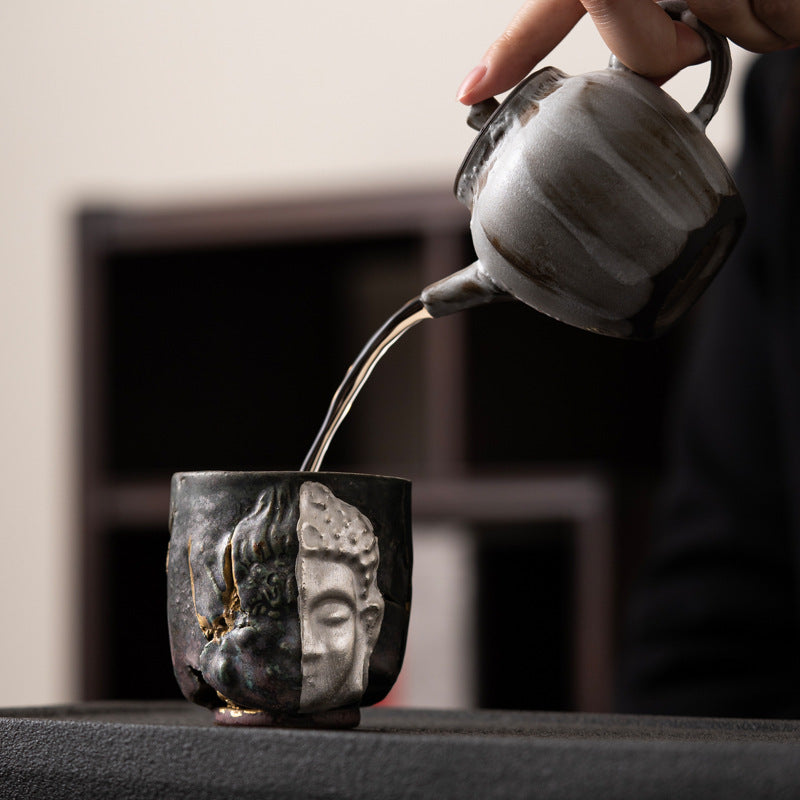 Golden and Silver Colored Buddha Stoneware Tea Cup