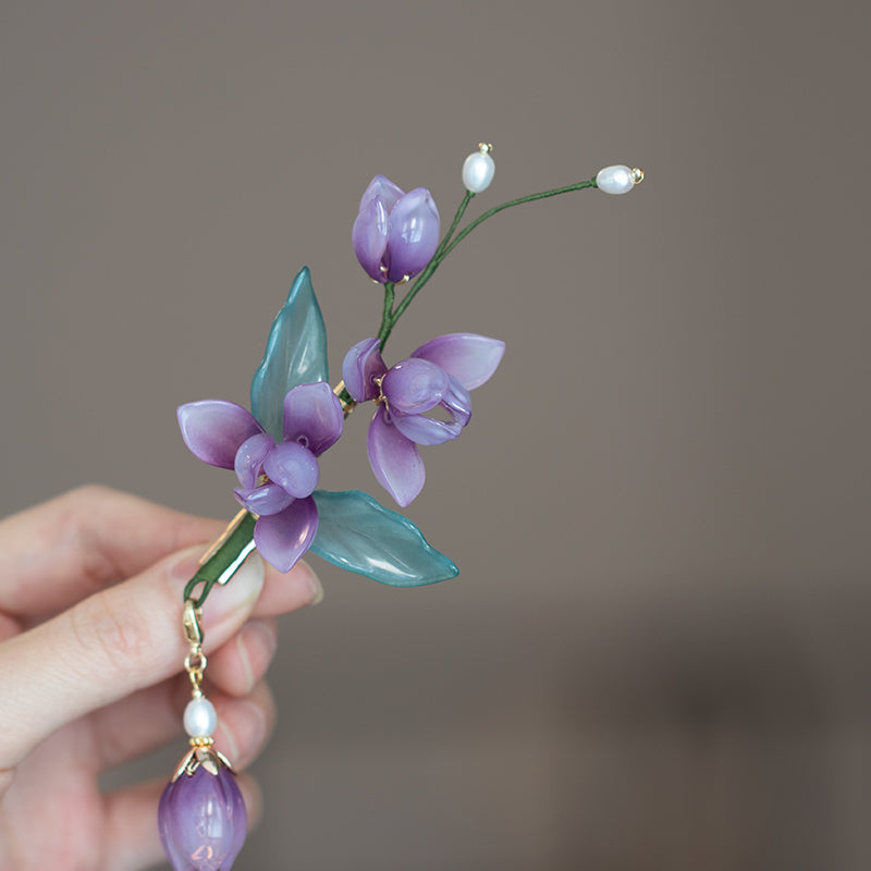 Purple Glass Flower Gold-Plated Tassel Hairpin
