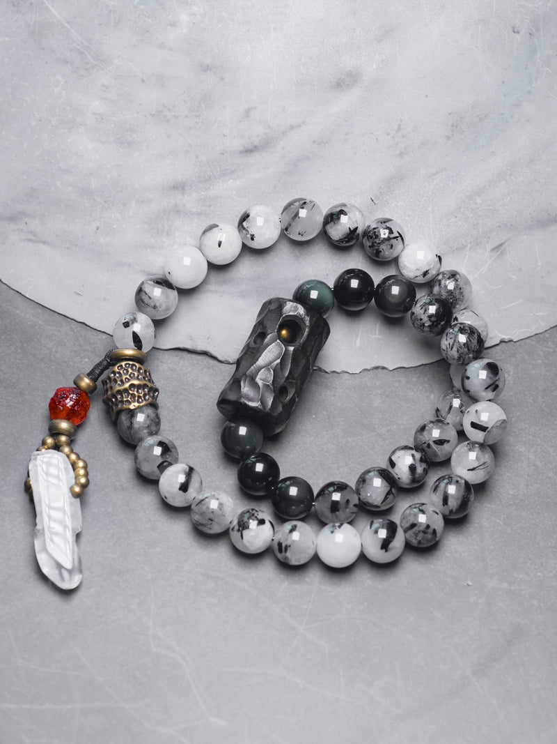 Buddha Black Rutilated Quartz White Crystal Ebony Wood Bracelet