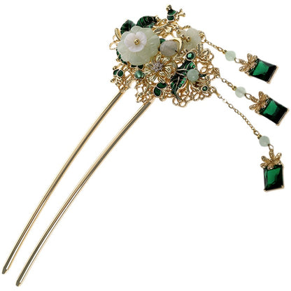 Ancient Style Green Jade and Glass Shell Flower Hairpin